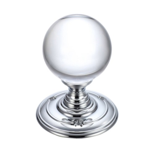 PLAIN GLASS BALL MORTICE DOOR KNOBS ON FACE FIXED ROSE