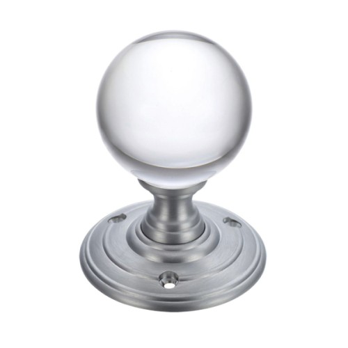 PLAIN GLASS BALL MORTICE DOOR KNOBS ON FACE FIXED ROSE